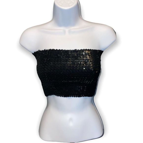 Black Sequin Stretchy Tube Top, Size Small - Picture 1 of 4